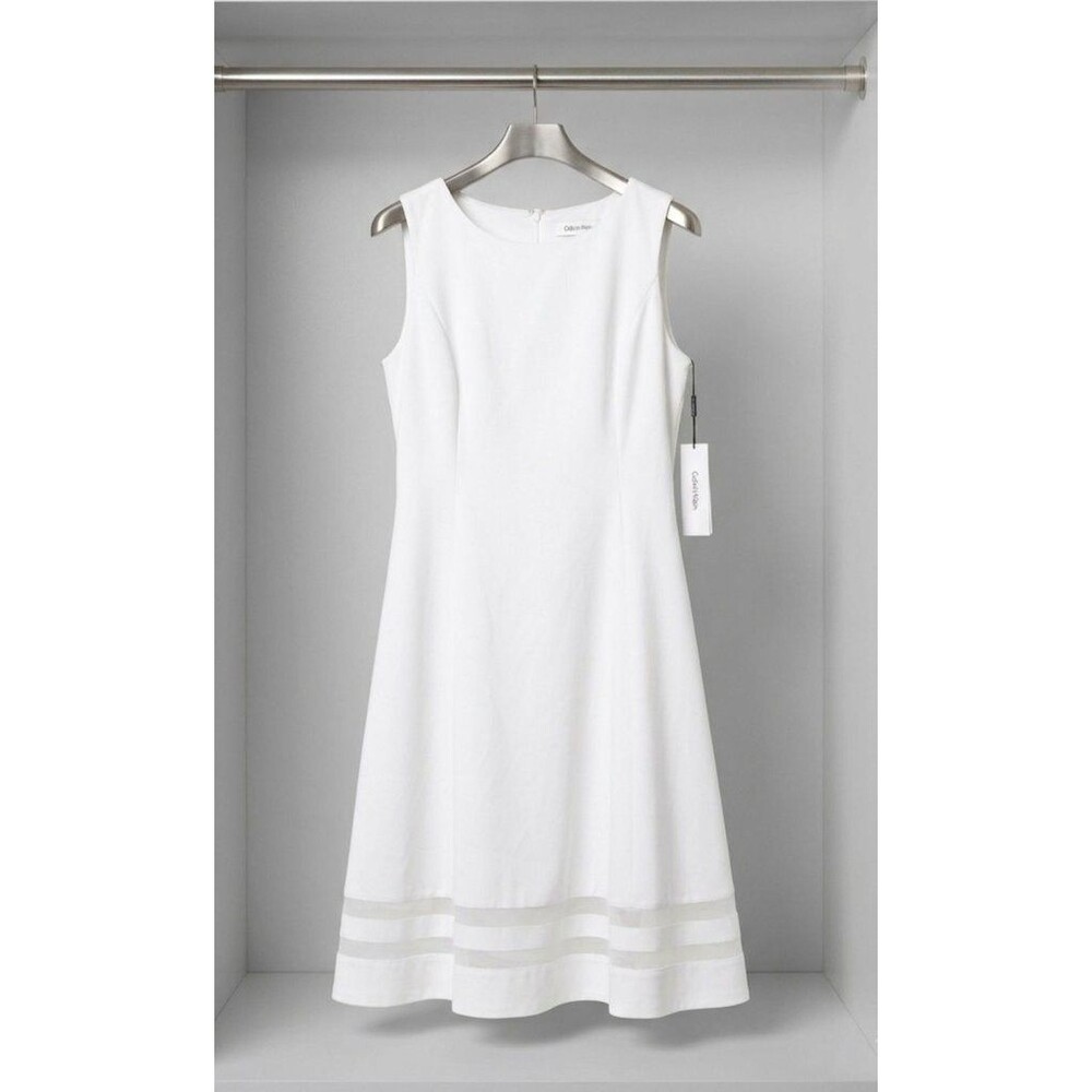 NWT Calvin Klein White Illusion-Hem Fit & Flare Dress Sleeveless Midi - Size 14
